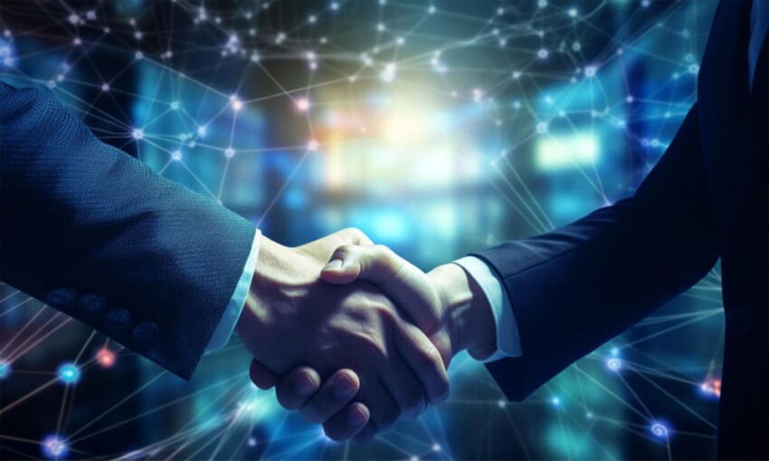 Gambar yang menunjukkan interaksi profesional di acara networking, menggambarkan proses membangun jaringan bisnis